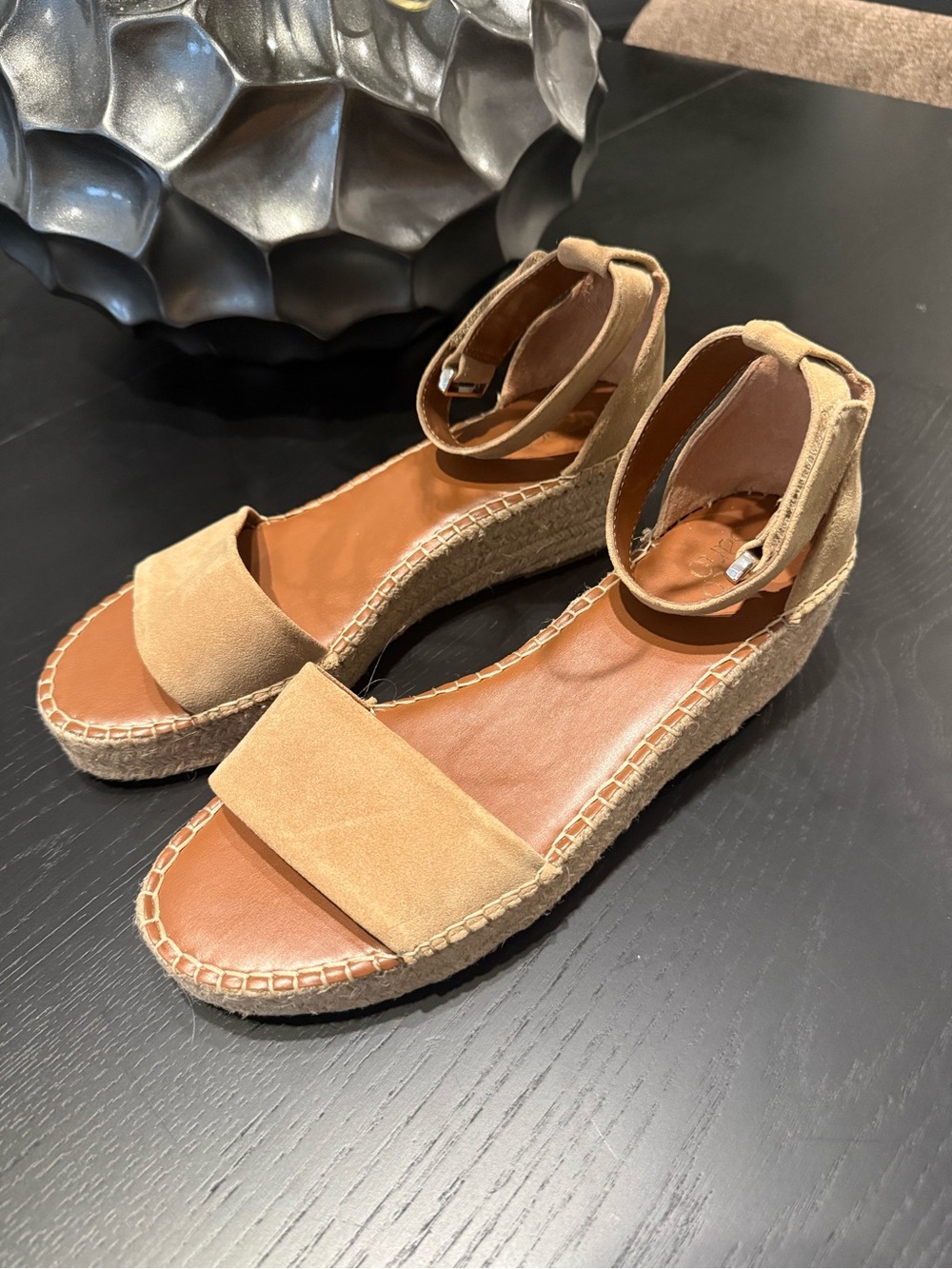 Franco Sarto Tan Suede Espadrille Ankle-Strap Wedges